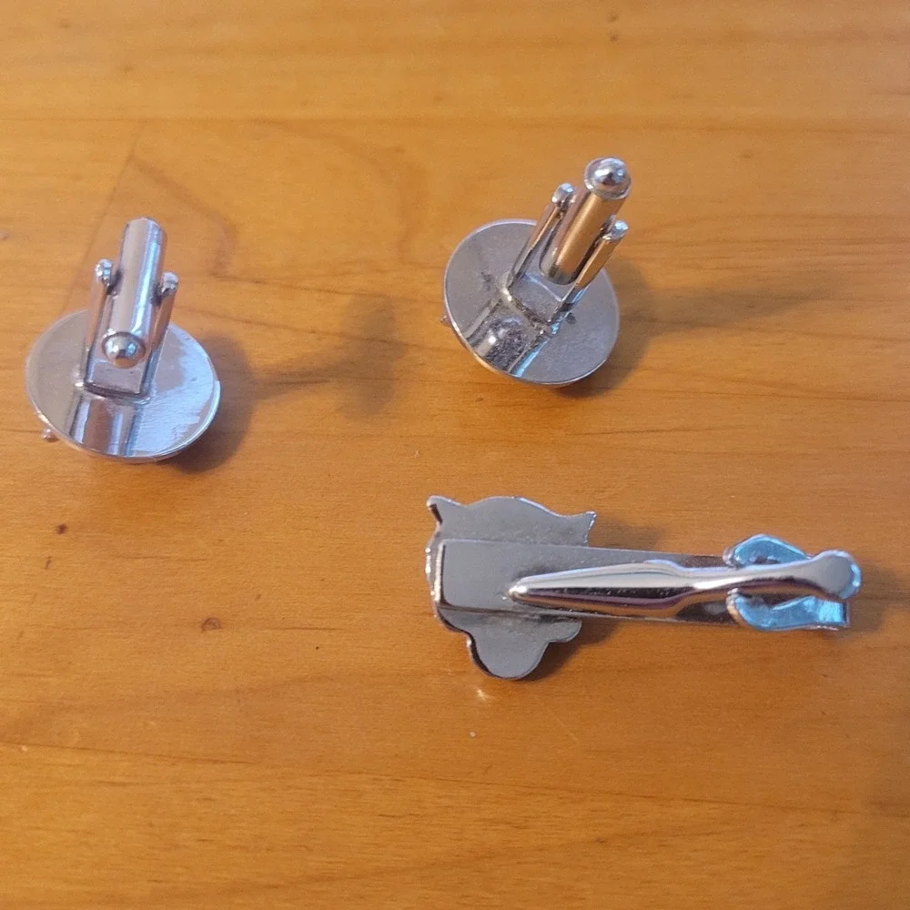 Vintage Silver Tone Aviator Cat Goggles Cufflinks Tie Clip Set Novelty
